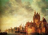 Famous Castle Paintings - A Castle By A River With Shipping At A Quay